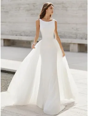 Beach Open Back Wedding Dresses Mermaid / Trumpet Scoop Neck Sleeveless Court Train Satin Bridal Suits Bridal Gowns With Appliques