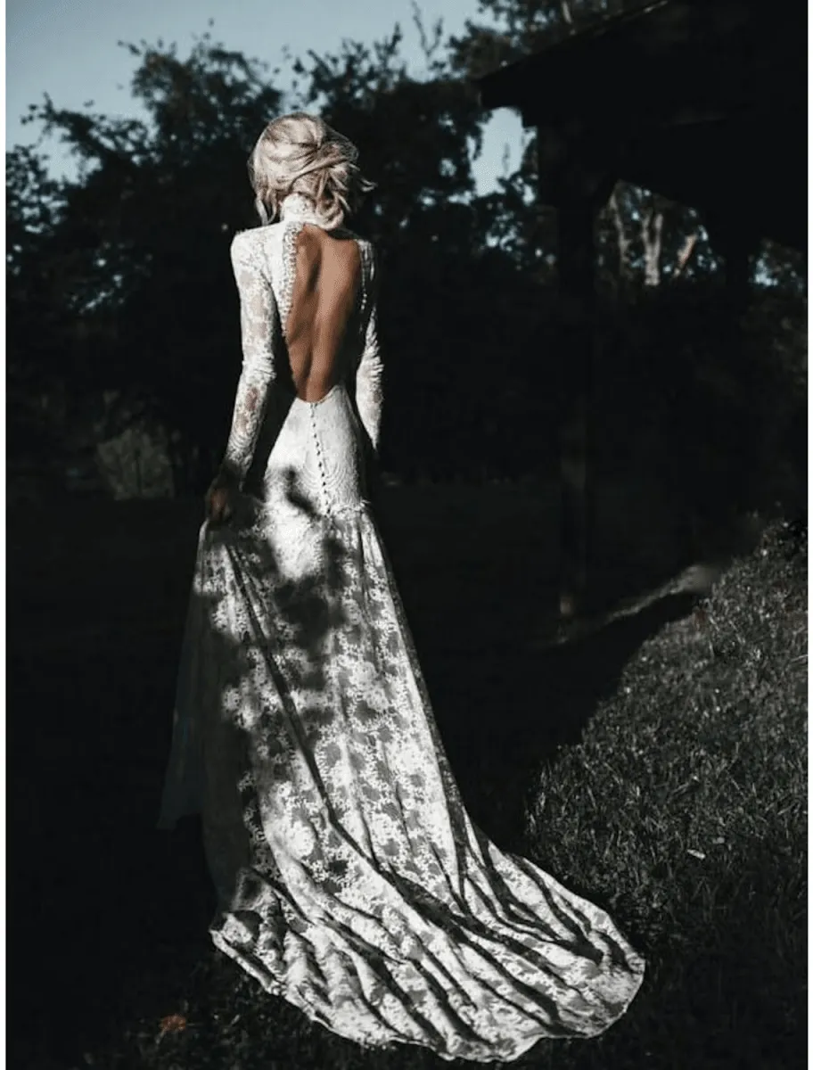 Beach Wedding Dresses Court Train Mermaid / Trumpet Long Sleeve High Neck Lace With Appliques Solid Color&nbsp;