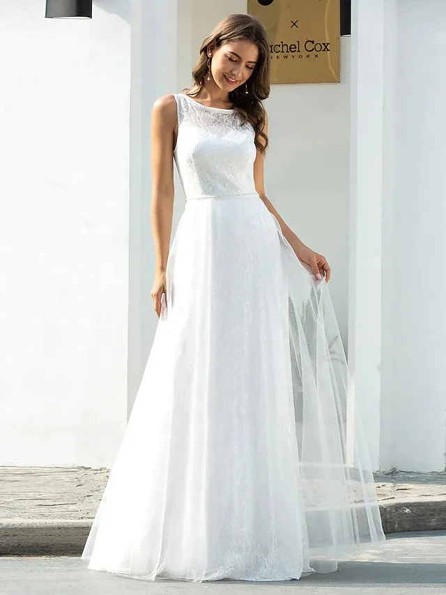 Beach Wedding Dresses Floor Length A-Line Sleeveless Jewel Neck Lace With Lace