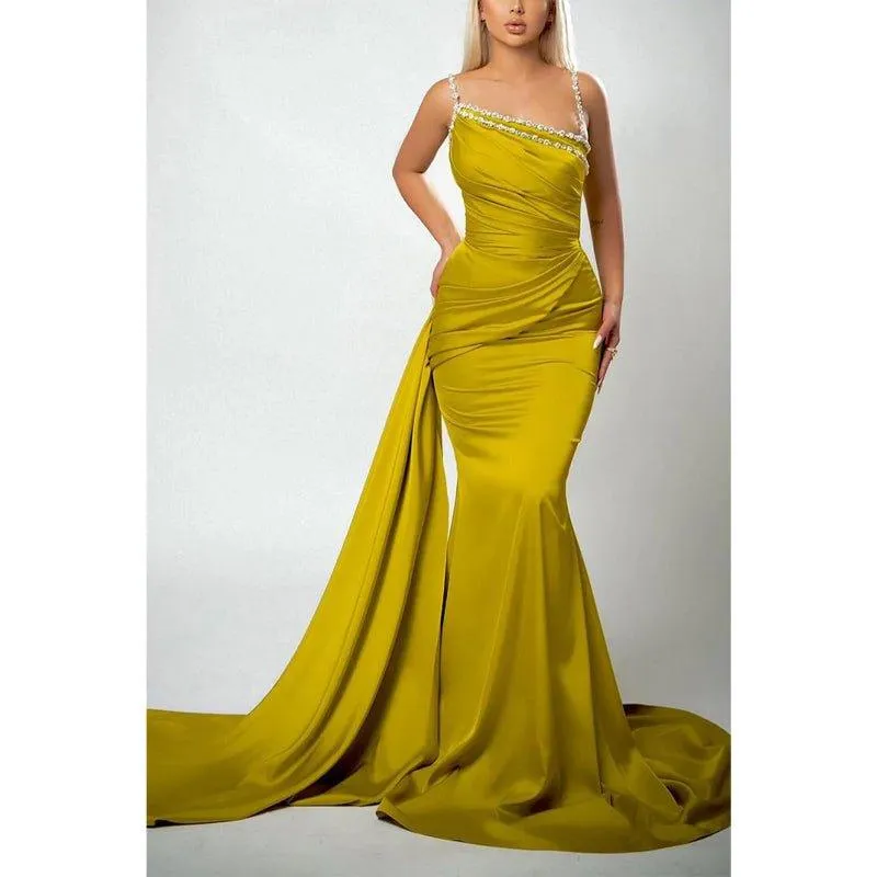 Bead Straps Pleats Mermaid Long Formal Evening Gowns