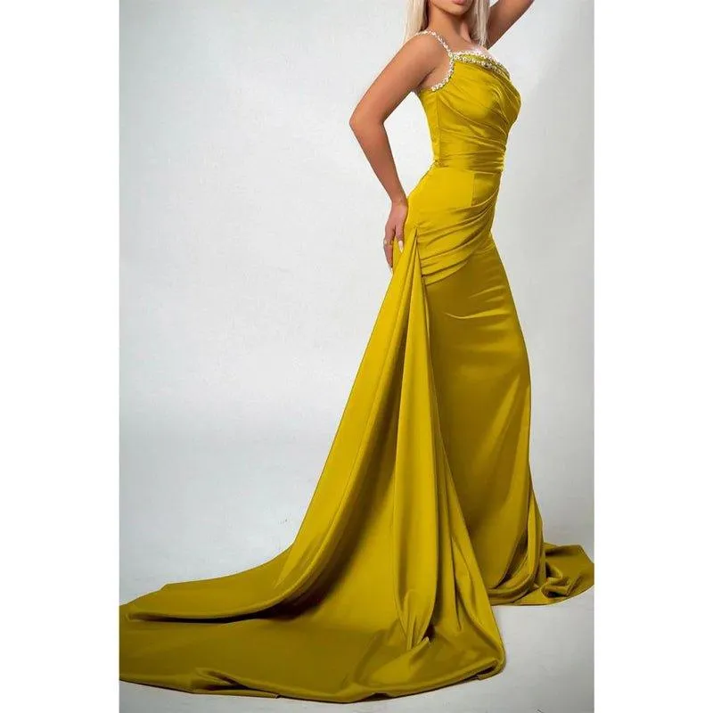 Bead Straps Pleats Mermaid Long Formal Evening Gowns