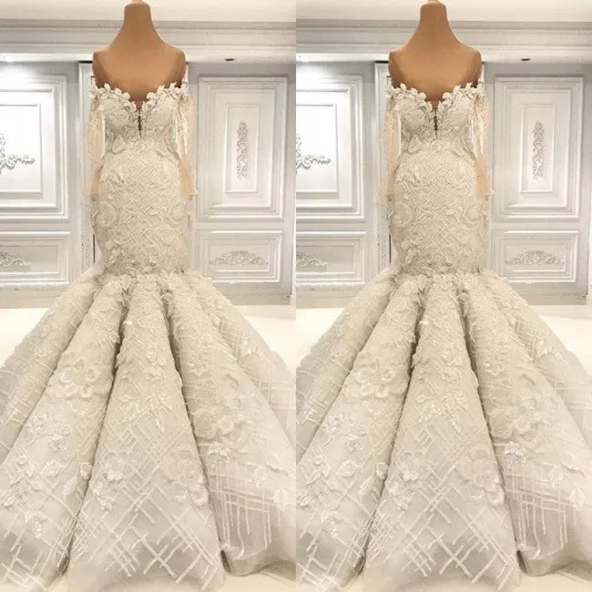 Beautiful Ivory Mermaid Sweetheart Lace Bridal Gowns for Wedding
