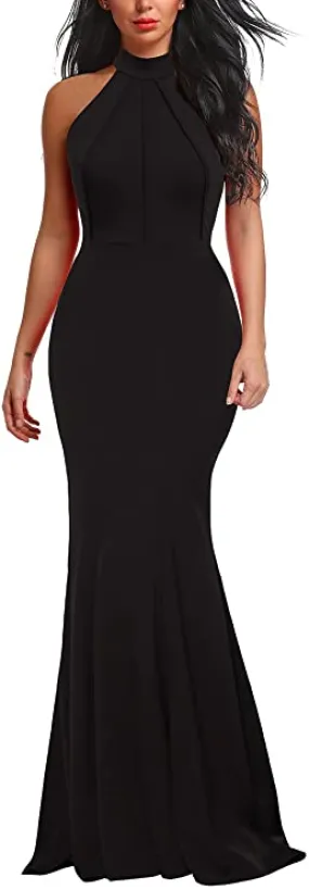 Black Women's Elegant Chic Halter Neck Sleeveless Solid Stretchy Wedding Guest Mermaid Long Evening Dress - Berydress