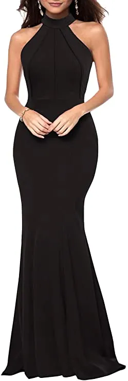 Black Women's Elegant Chic Halter Neck Sleeveless Solid Stretchy Wedding Guest Mermaid Long Evening Dress - Berydress