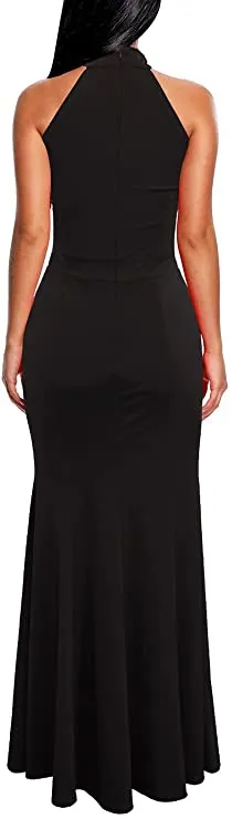 Black Women's Elegant Chic Halter Neck Sleeveless Solid Stretchy Wedding Guest Mermaid Long Evening Dress - Berydress