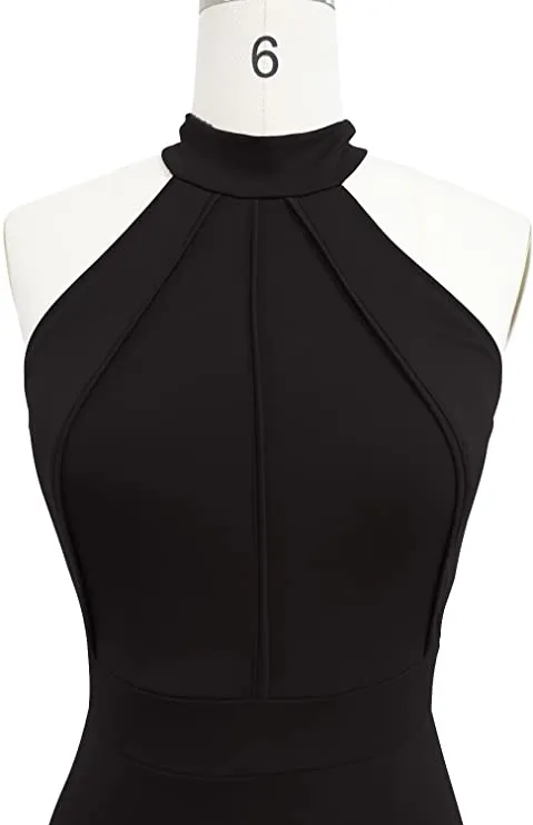 Black Women's Elegant Chic Halter Neck Sleeveless Solid Stretchy Wedding Guest Mermaid Long Evening Dress - Berydress