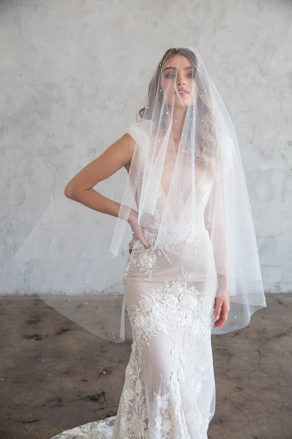 BLANCHE FINGERTIP VEIL WITH BLUSHER & SCATTERED PEARLS