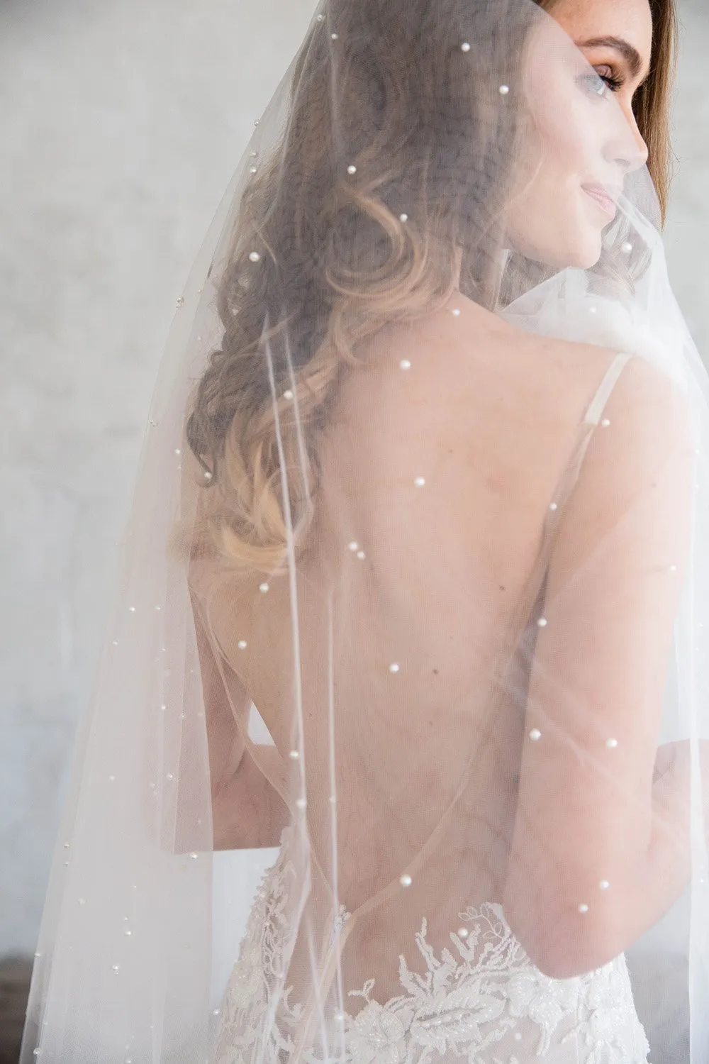 BLANCHE FINGERTIP VEIL WITH BLUSHER & SCATTERED PEARLS