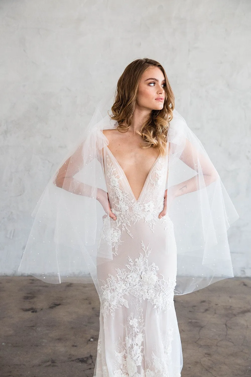 BLANCHE FINGERTIP VEIL WITH BLUSHER & SCATTERED PEARLS