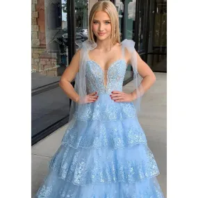 Blue V-neck Illusion Applique Sequins Long Prom Dress Evening Gowns
