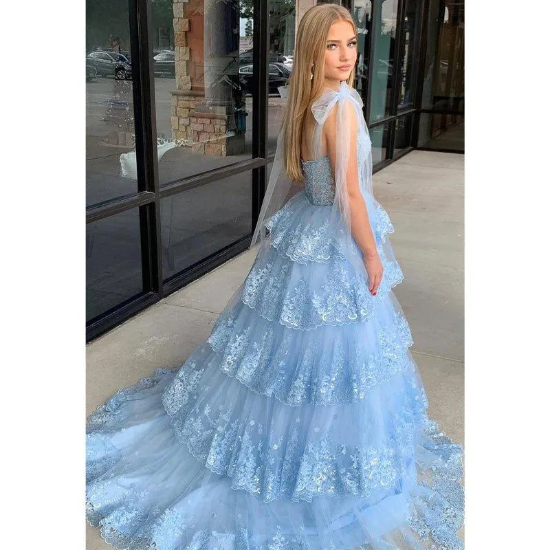 Blue V-neck Illusion Applique Sequins Long Prom Dress Evening Gowns