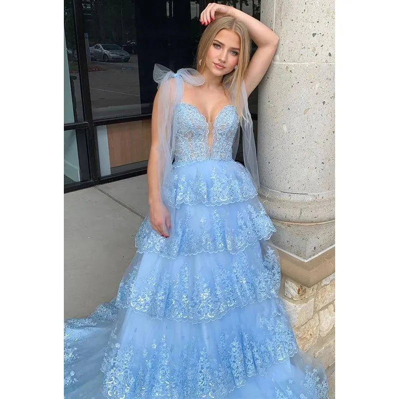 Blue V-neck Illusion Applique Sequins Long Prom Dress Evening Gowns