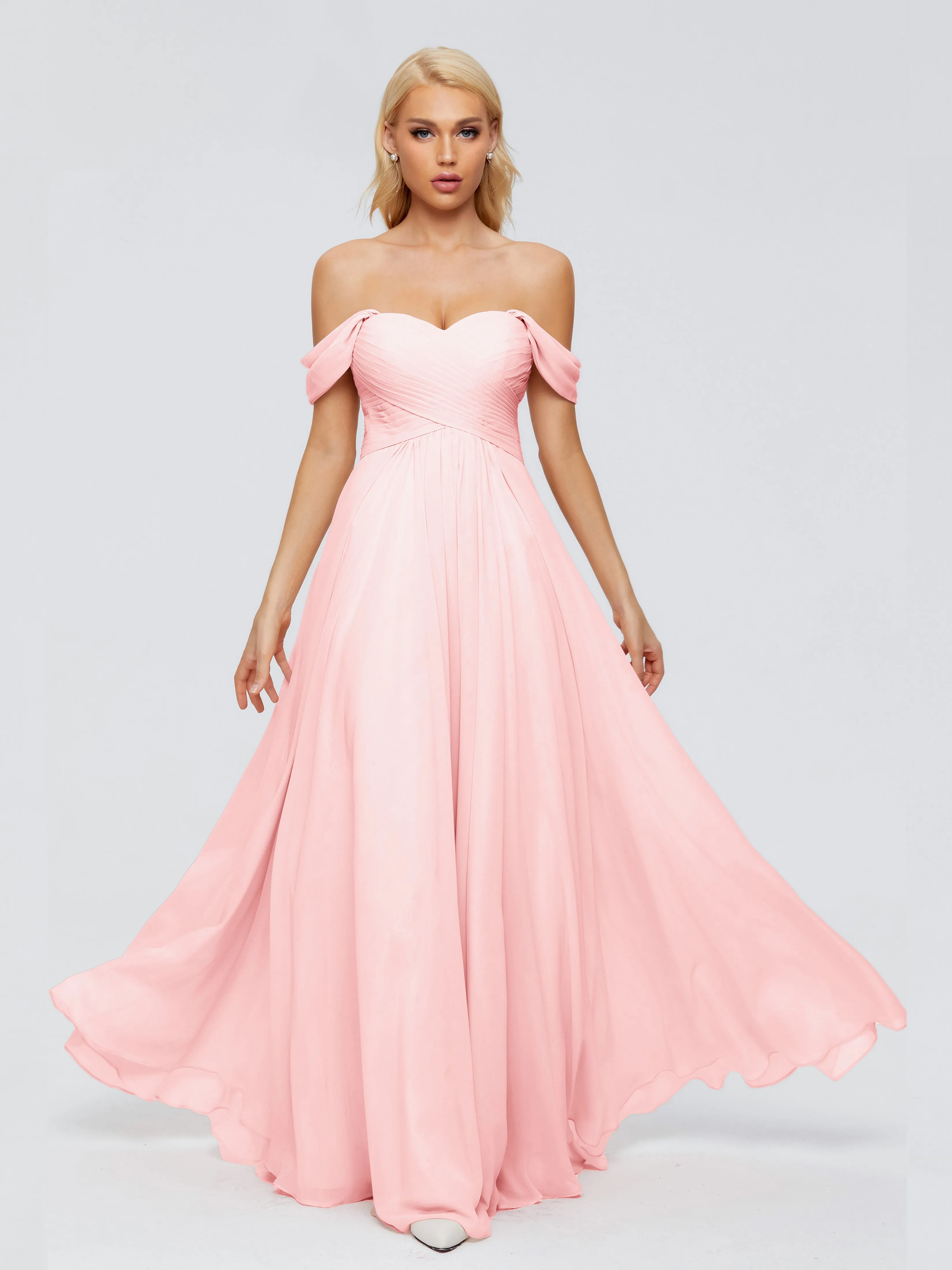 Blush Chiffon Bridesmaid Dresses Trinity A-line Off The Shoulder Long Chiffon Bridesmaid Dresses