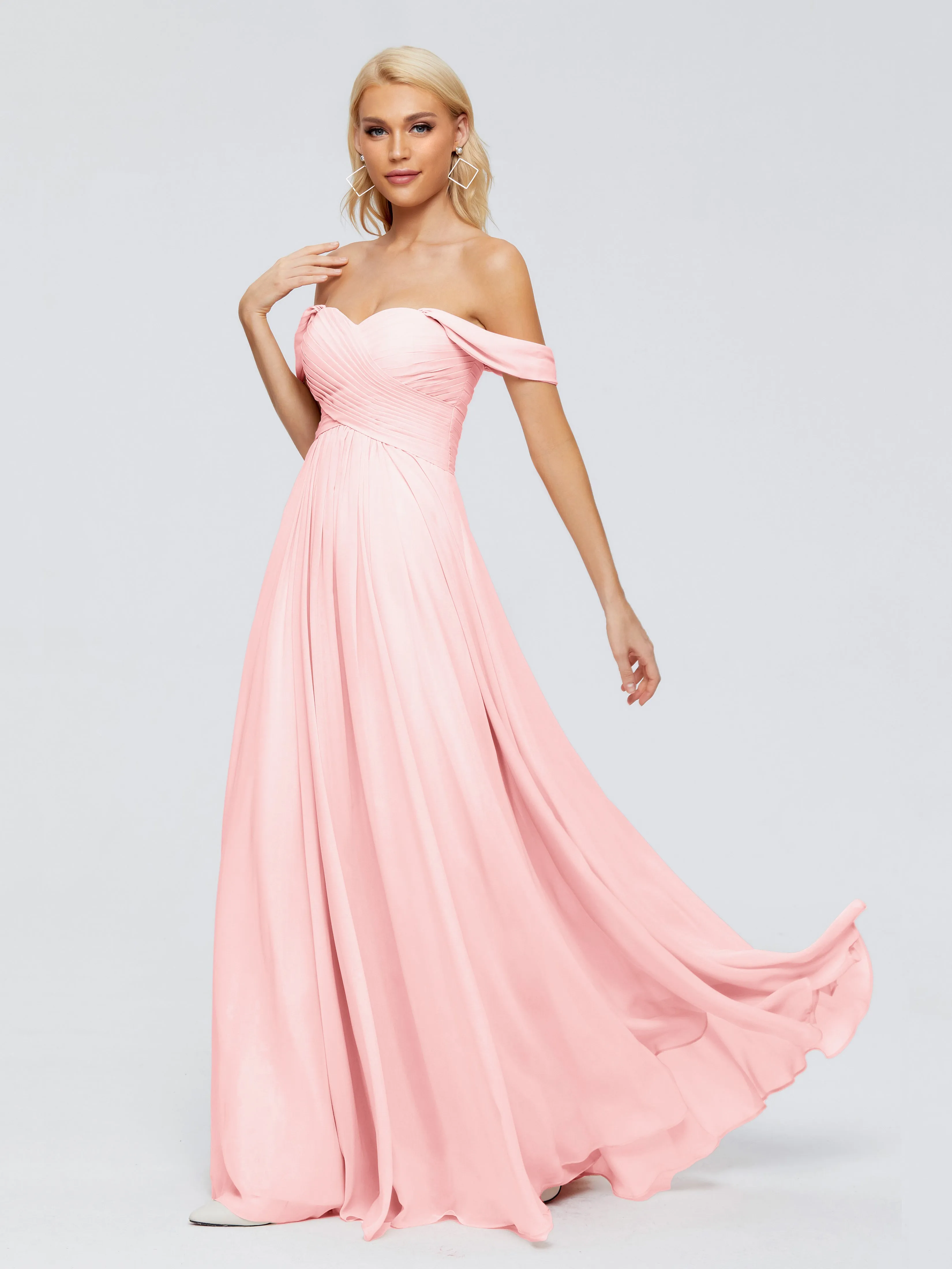 Blush Chiffon Bridesmaid Dresses Trinity A-line Off The Shoulder Long Chiffon Bridesmaid Dresses