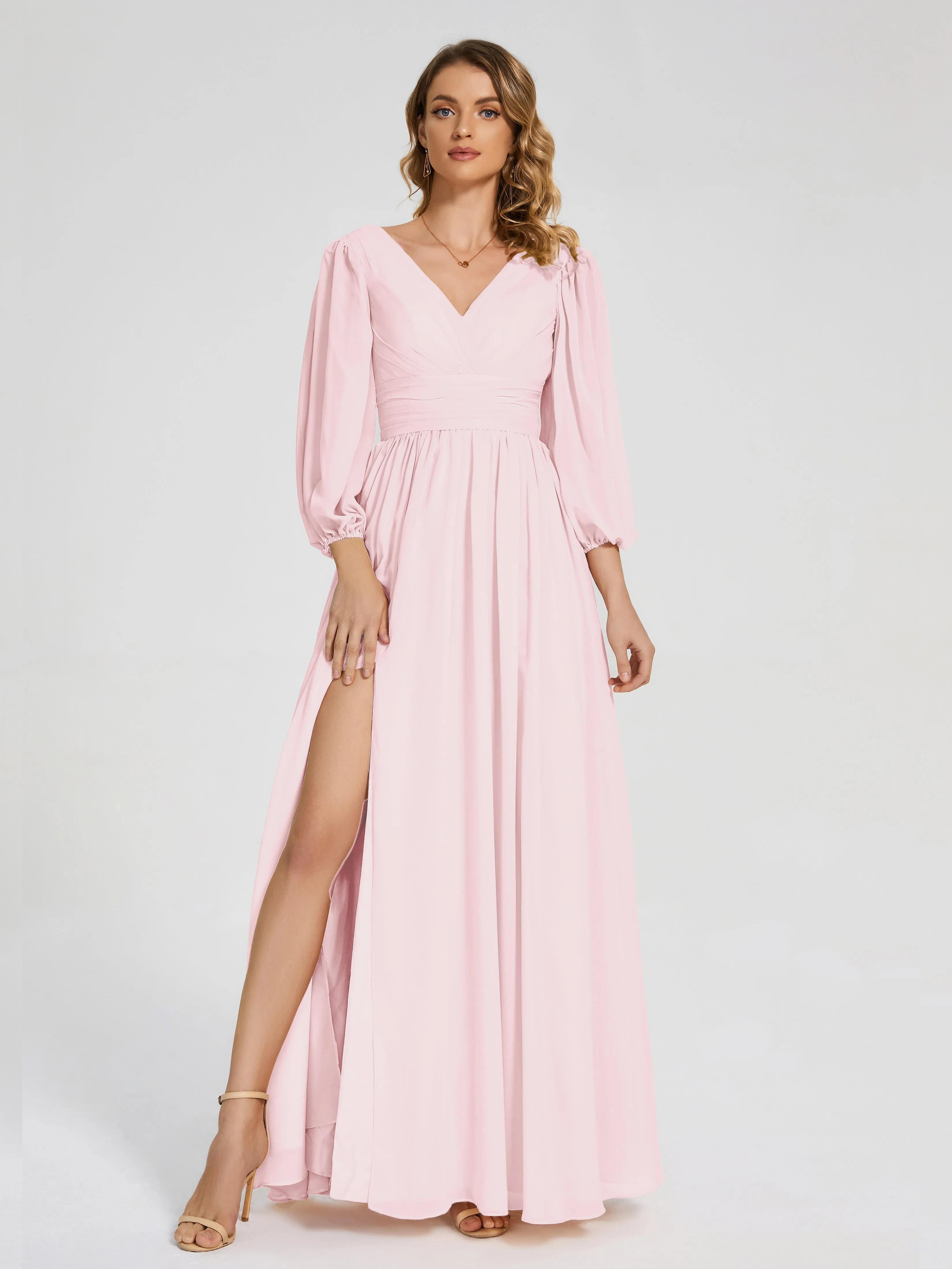Blush Pink Bridesmaid Dress With Sleeves Journey Long Sleeves Split Chiffon Bridesmaid Dresses