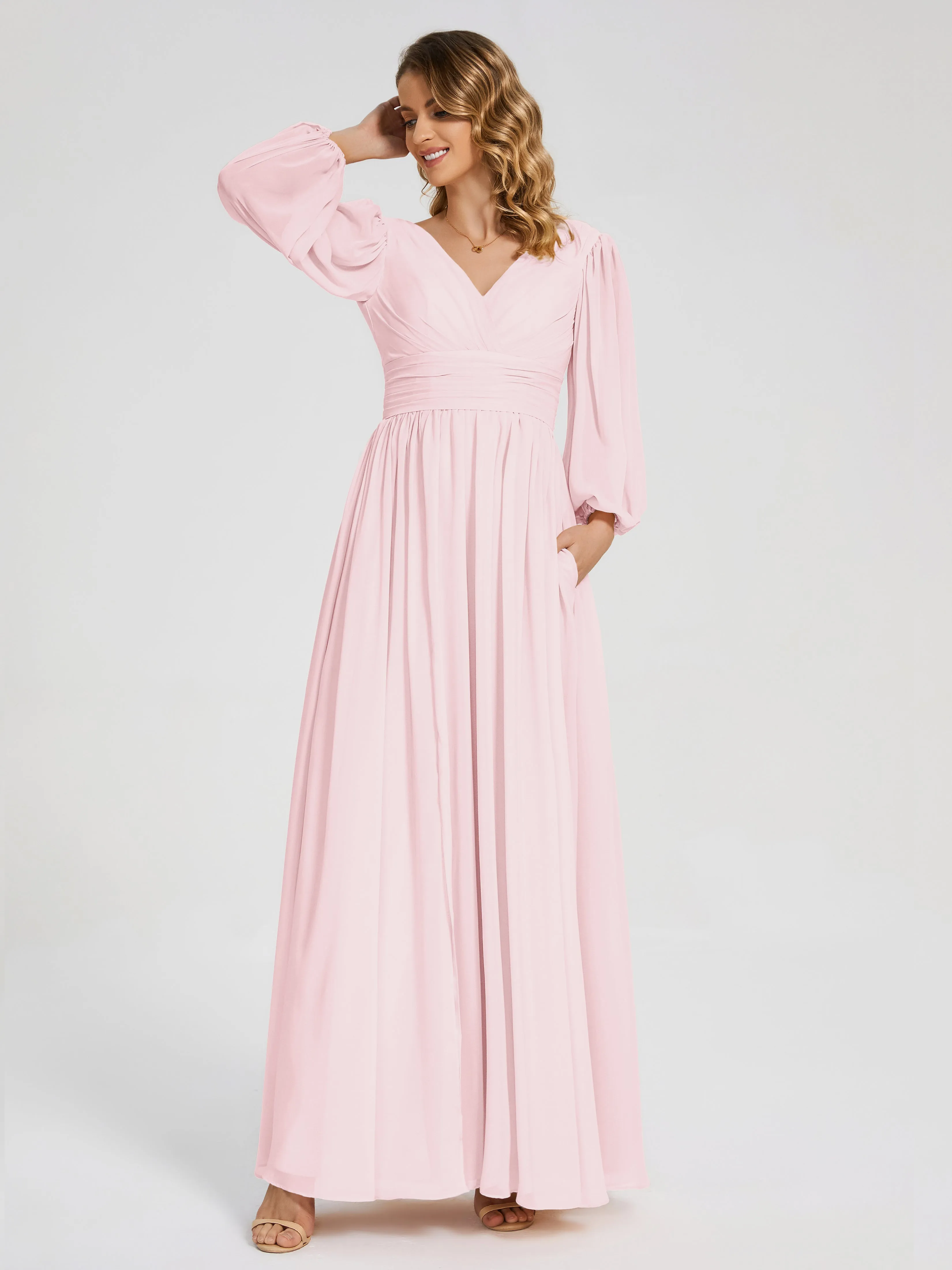 Blush Pink Bridesmaid Dress With Sleeves Journey Long Sleeves Split Chiffon Bridesmaid Dresses