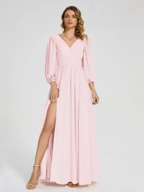 Blush Pink Bridesmaid Dress With Sleeves Journey Long Sleeves Split Chiffon Bridesmaid Dresses