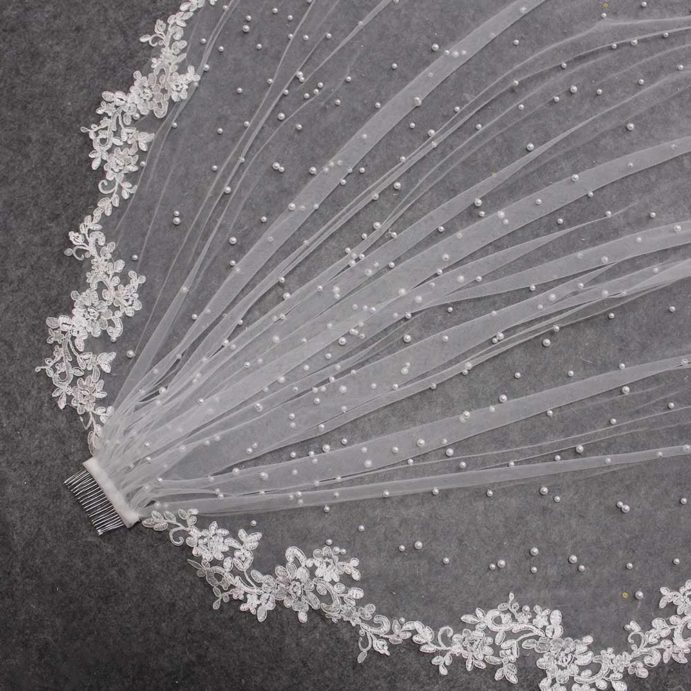 Bridal Wedding Pearl Veil with Lace Appliques Edge 2.5 Meters Long Bridal Veil with Comb