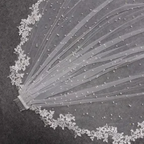 Bridal Wedding Pearl Veil with Lace Appliques Edge 2.5 Meters Long Bridal Veil with Comb