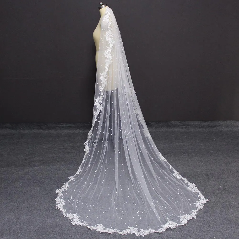Bridal Wedding Pearl Veil with Lace Appliques Edge 2.5 Meters Long Bridal Veil with Comb