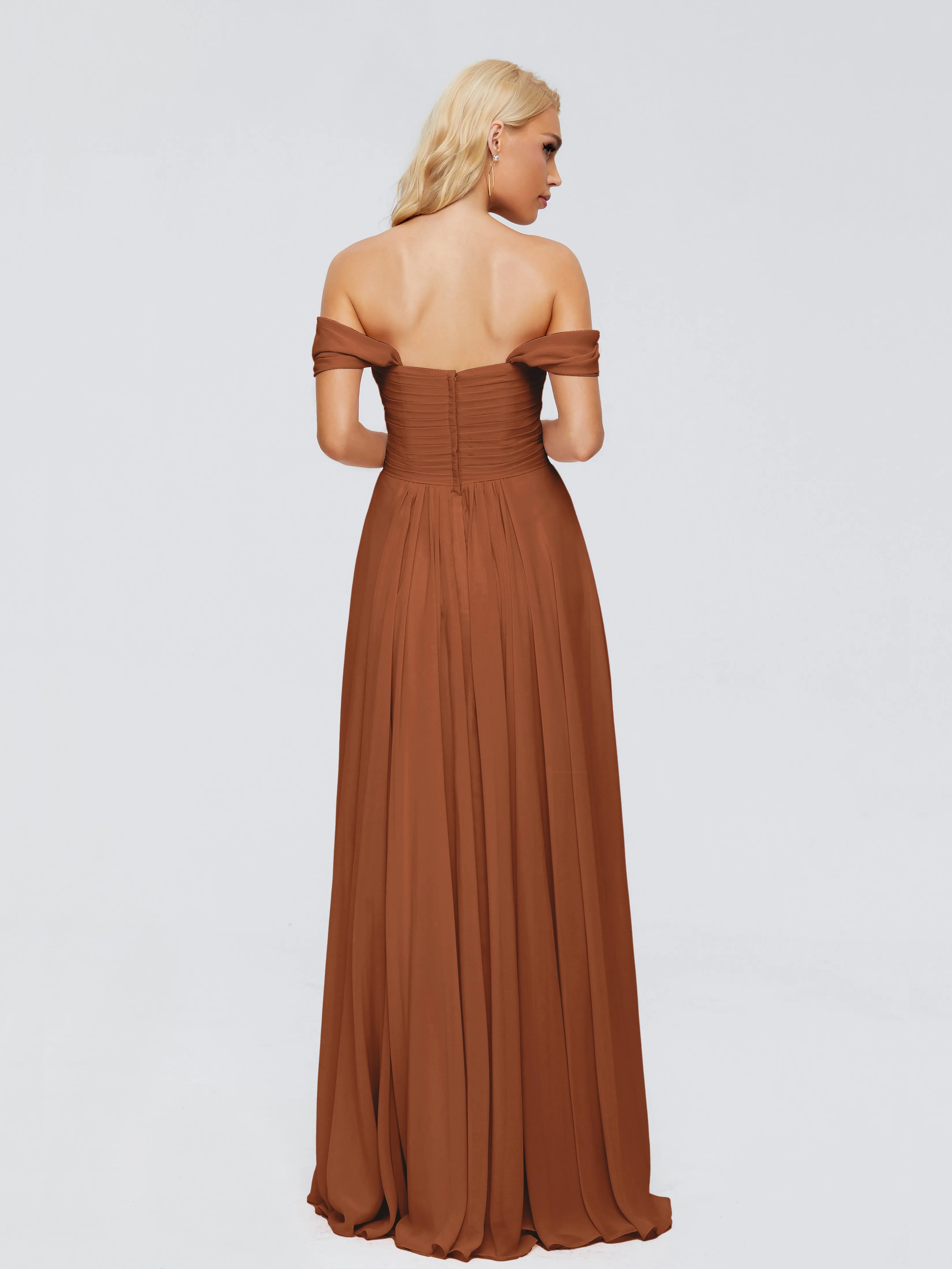 Bridesmaid Dress Terracotta Trinity A-line Off The Shoulder Long Chiffon Bridesmaid Dresses