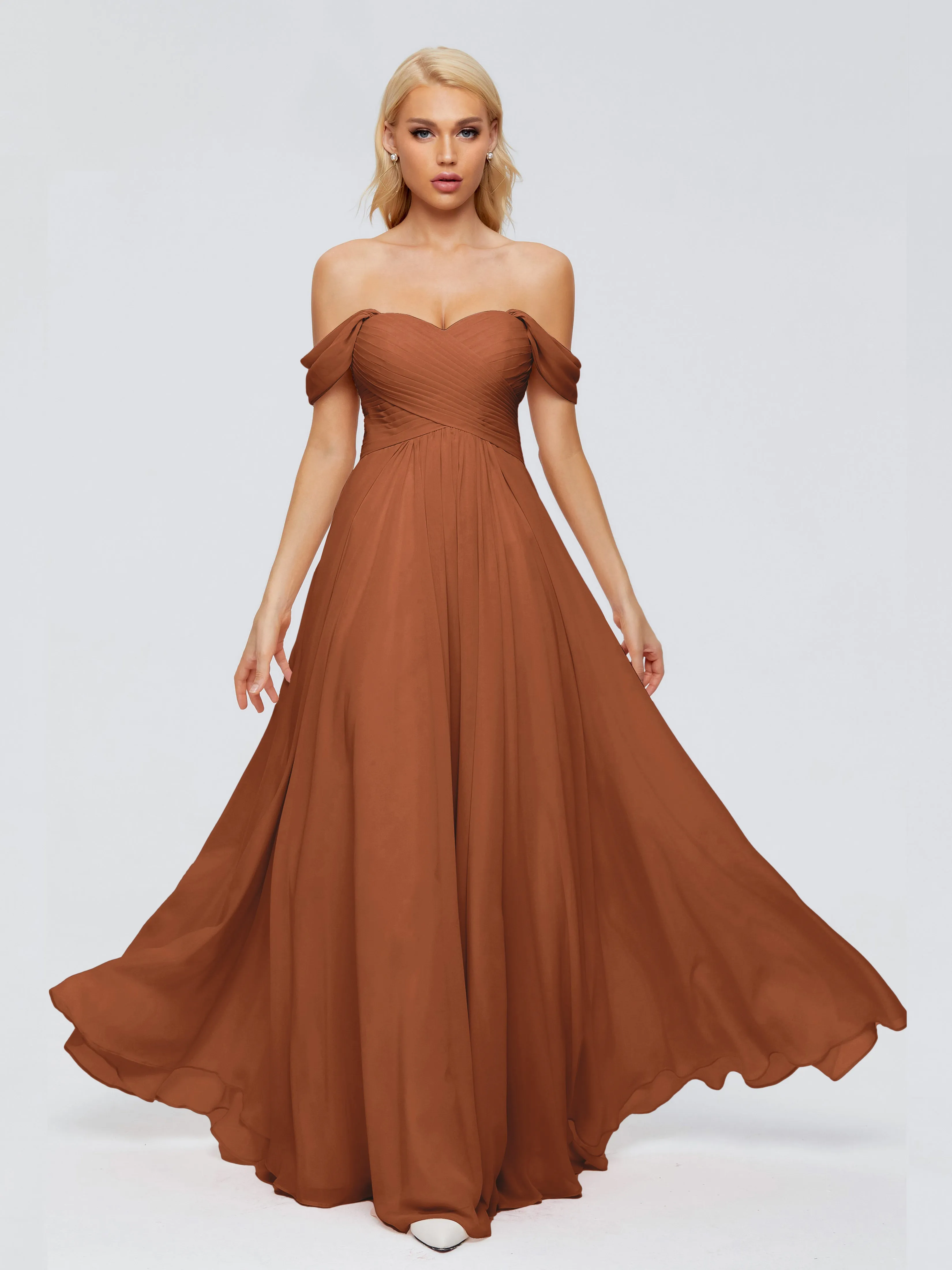 Bridesmaid Dress Terracotta Trinity A-line Off The Shoulder Long Chiffon Bridesmaid Dresses