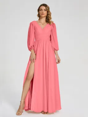 Bridesmaid Dresses Watermelon Journey Long Sleeves Split Chiffon Bridesmaid Dresses