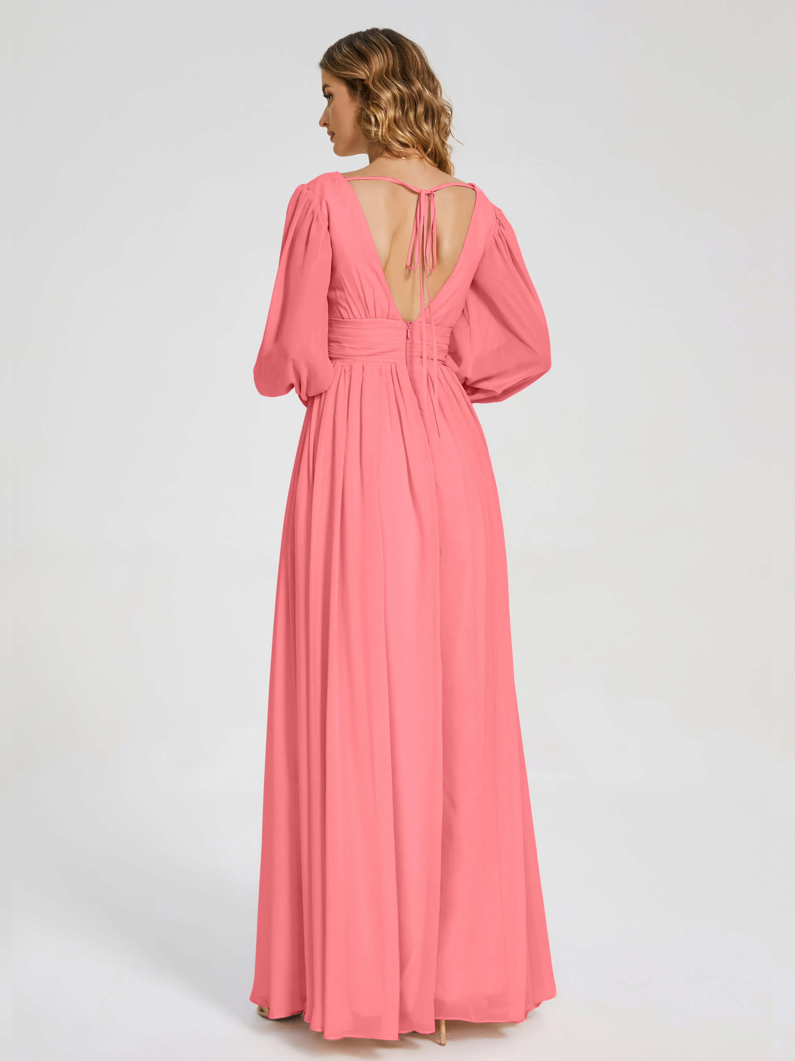 Bridesmaid Dresses Watermelon Journey Long Sleeves Split Chiffon Bridesmaid Dresses