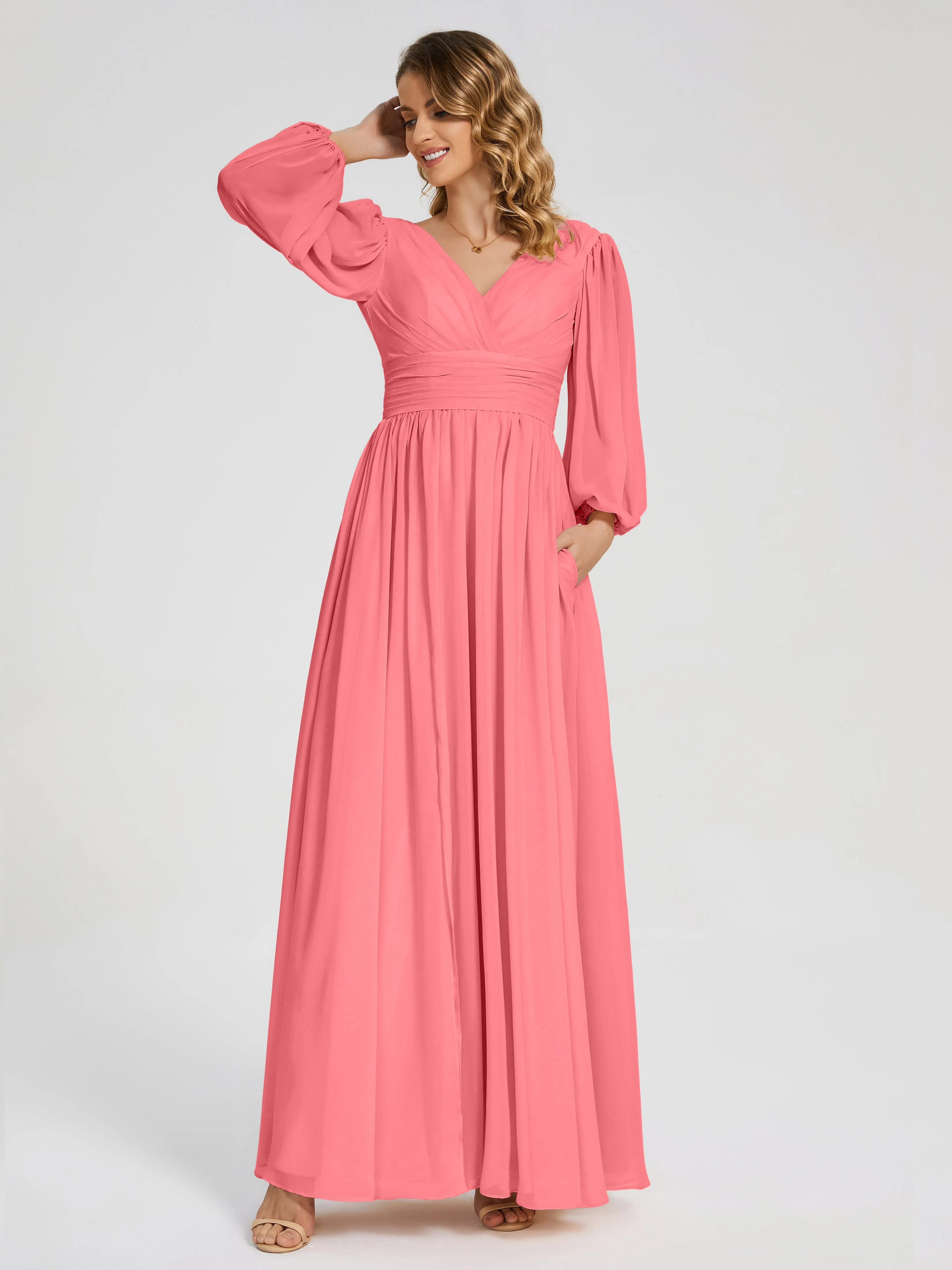 Bridesmaid Dresses Watermelon Journey Long Sleeves Split Chiffon Bridesmaid Dresses