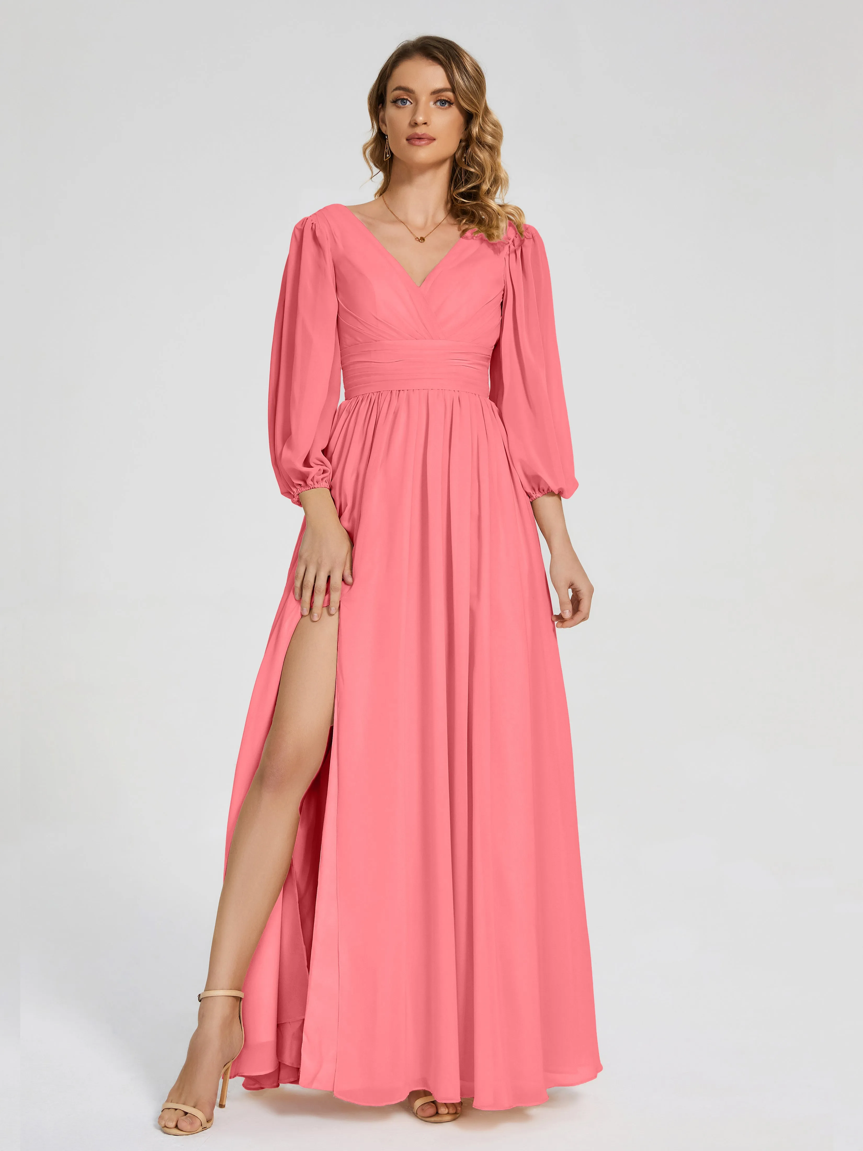 Bridesmaid Dresses Watermelon Journey Long Sleeves Split Chiffon Bridesmaid Dresses