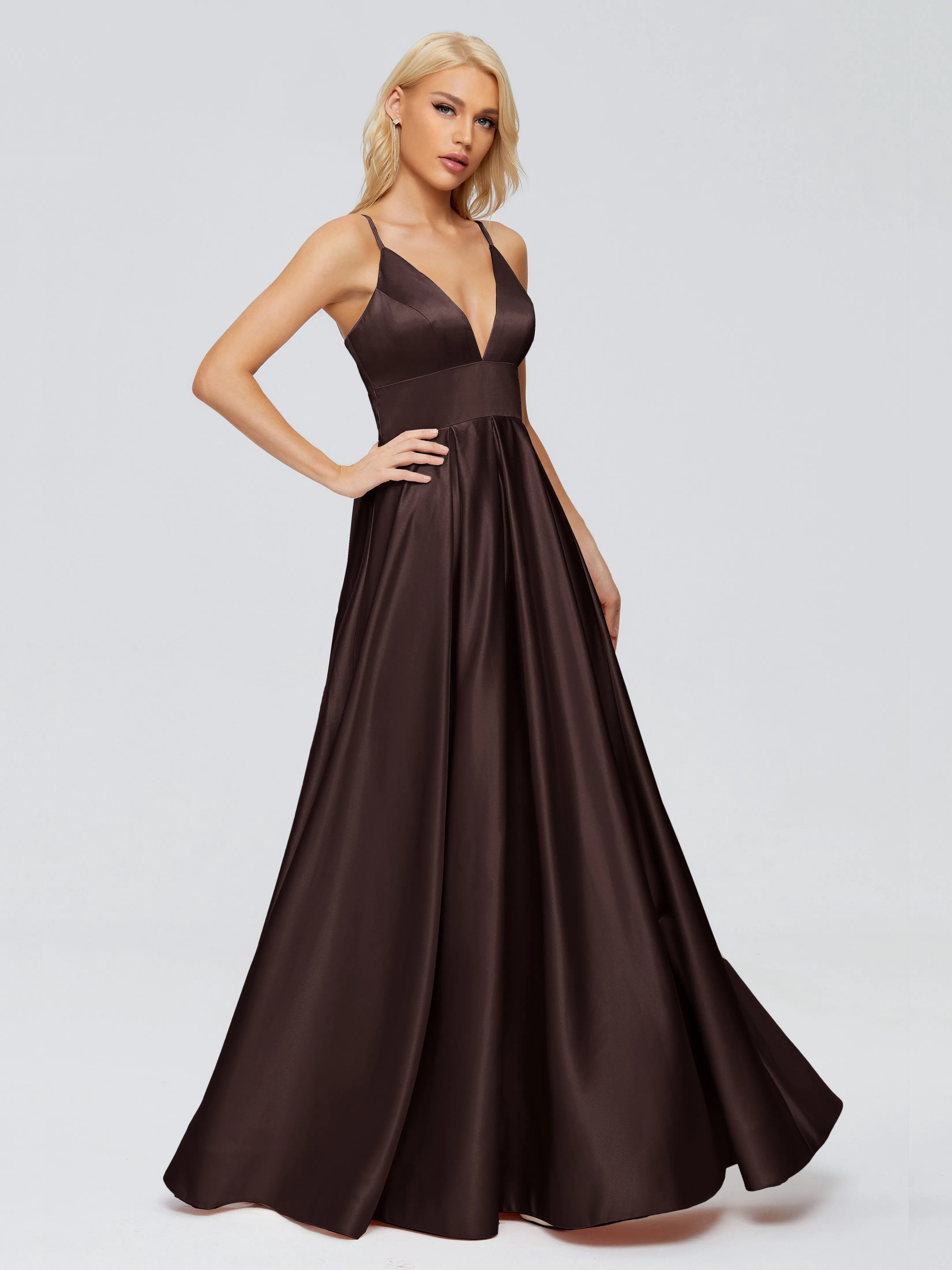 Brown Chocolate Bridesmaid Dress Spaghetti Straps Satin Long Bridesmaid Dresses