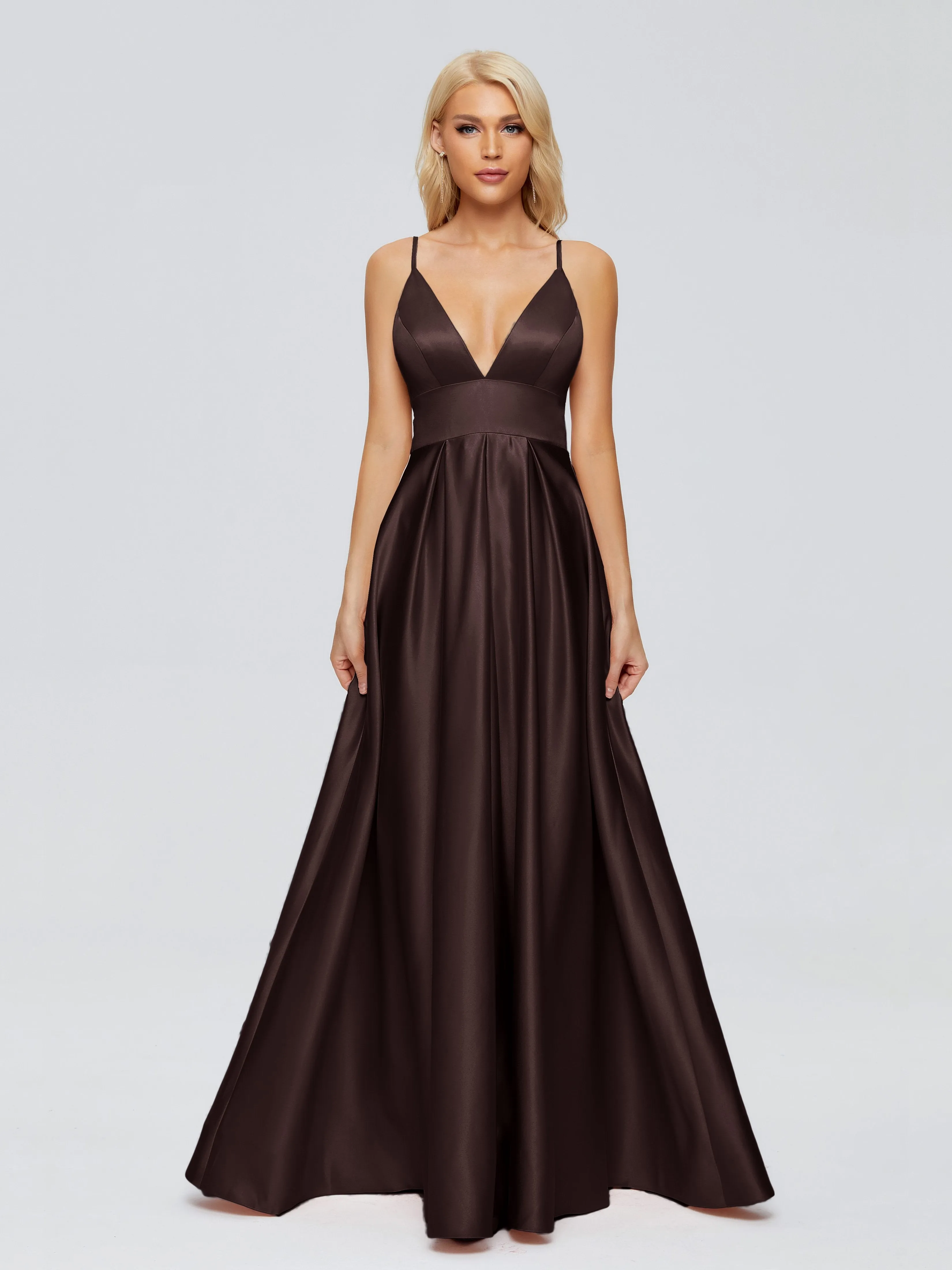 Brown Chocolate Bridesmaid Dress Spaghetti Straps Satin Long Bridesmaid Dresses