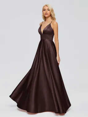 Brown Chocolate Bridesmaid Dress Spaghetti Straps Satin Long Bridesmaid Dresses