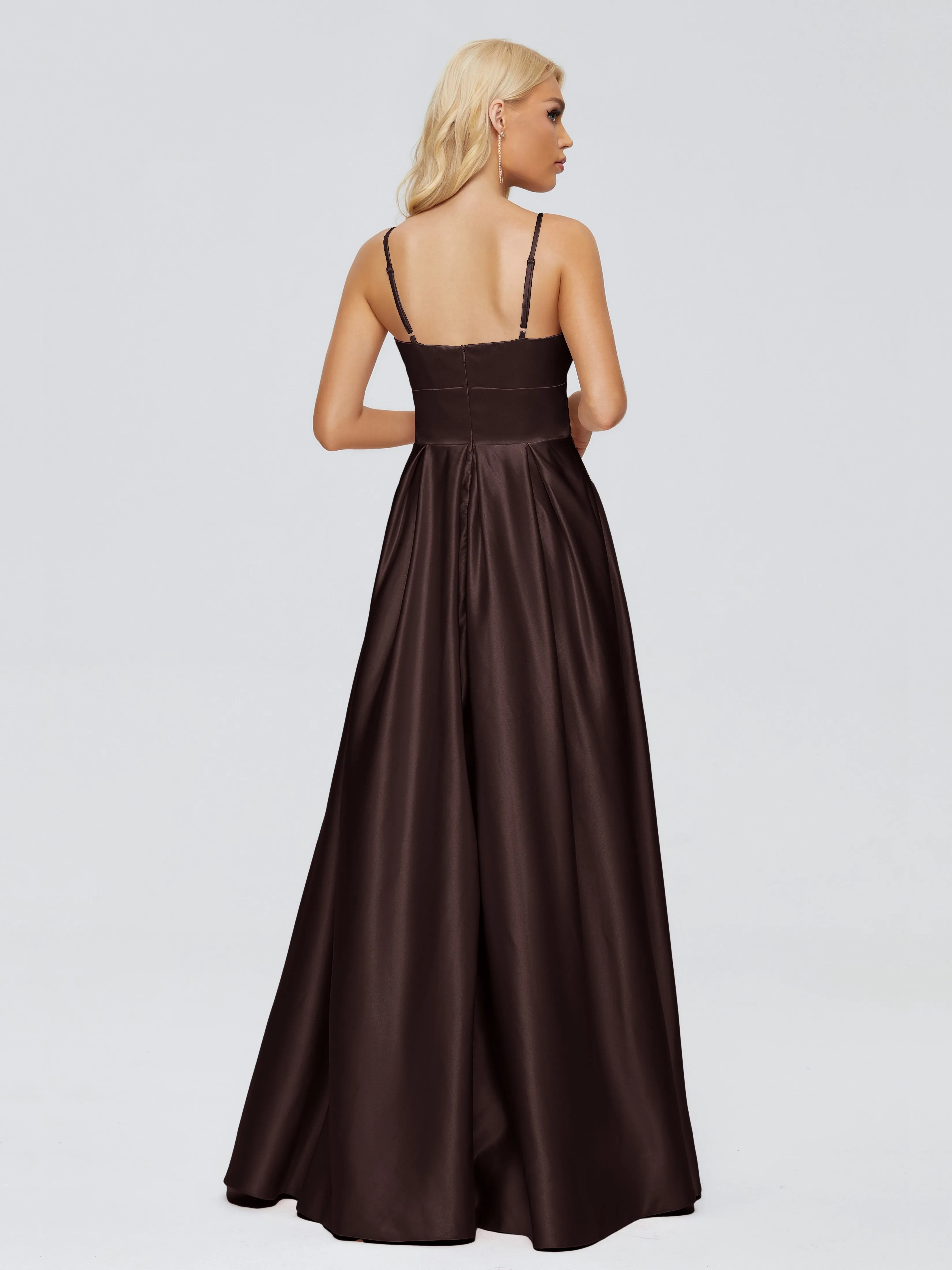 Brown Chocolate Bridesmaid Dress Spaghetti Straps Satin Long Bridesmaid Dresses