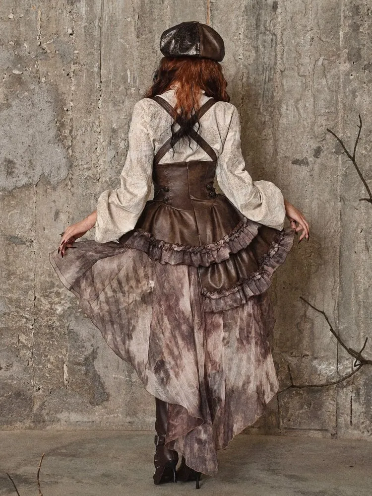 Brown Western Style Steampunk Asymmetrical Overall Dress with Detachable Train