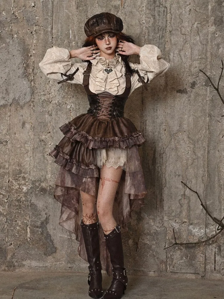 Brown Western Style Steampunk Asymmetrical Overall Dress with Detachable Train