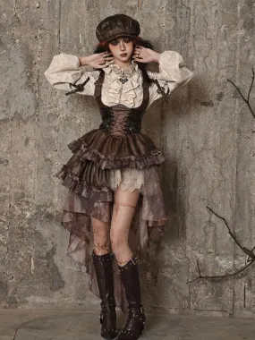 Brown Western Style Steampunk Asymmetrical Overall Dress with Detachable Train