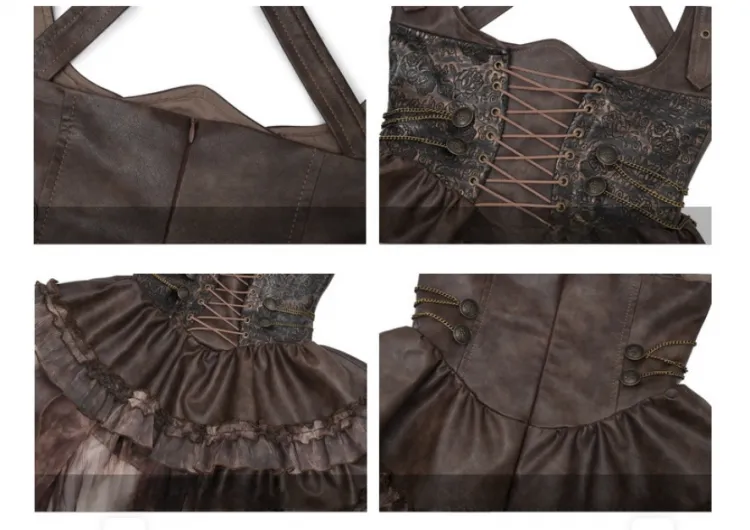 Brown Western Style Steampunk Asymmetrical Overall Dress with Detachable Train