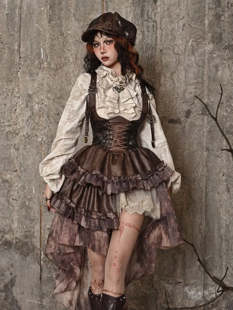 Brown Western Style Steampunk Asymmetrical Overall Dress with Detachable Train