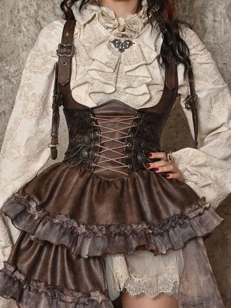Brown Western Style Steampunk Asymmetrical Overall Dress with Detachable Train