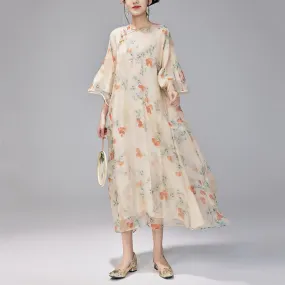 Buddha Stones 100% Mulberry Silk 6 Momme Dress Vintage Loose Lychee Fruit Tree Patttern Qipao Dress Women's Cheongsam Dress