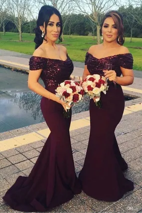Burgundy Sequins Top Mermaid Bridesmaid Dresses for Curvy Ladies