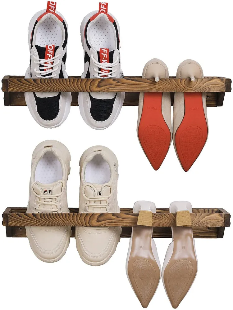 Burnt Wood Wall Mounted Shoe Storage Rack, Entryway Footwear Organizer Holder, Set of 2