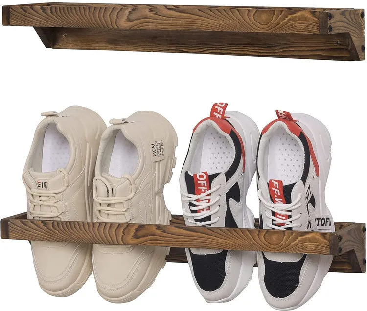Burnt Wood Wall Mounted Shoe Storage Rack, Entryway Footwear Organizer Holder, Set of 2