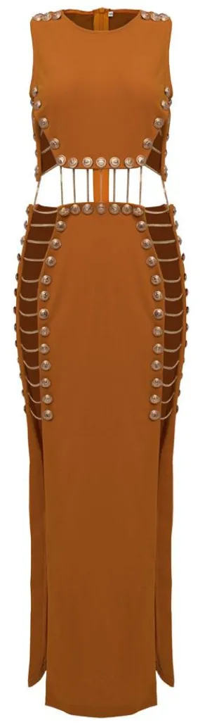 Button and Chain-Embellished Maxi Dress