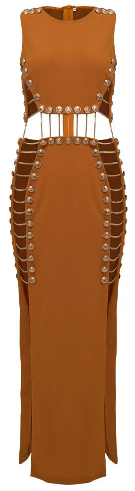 Button and Chain-Embellished Maxi Dress