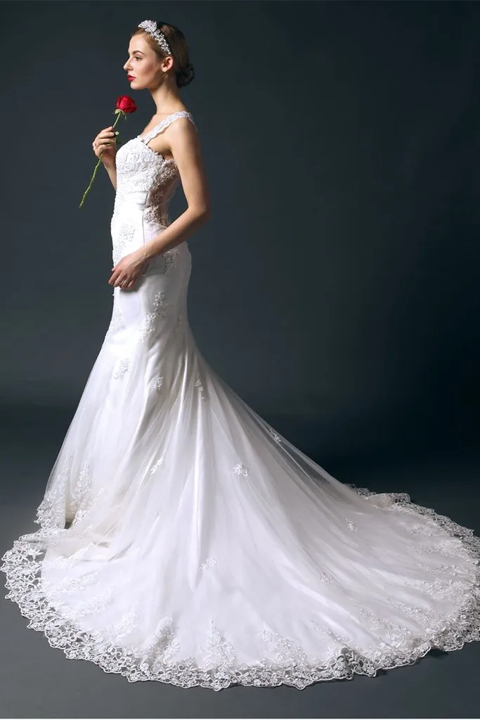 Charming Long Mermaid Lace Wedding Dresses With Straps PFW0292