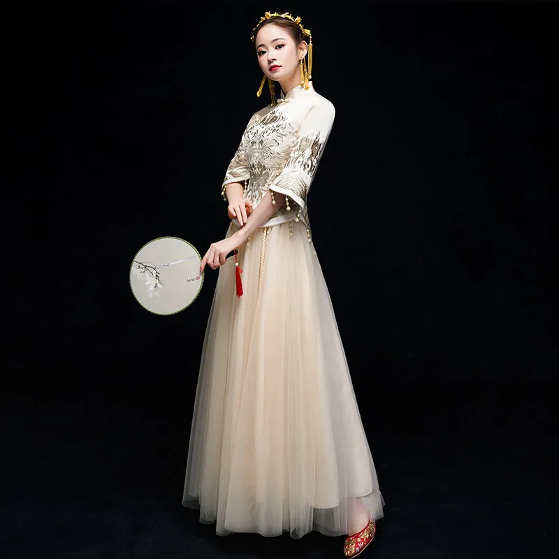 Cheongsam Top Tulle Skirt Traditional Chinese Wedding Suit