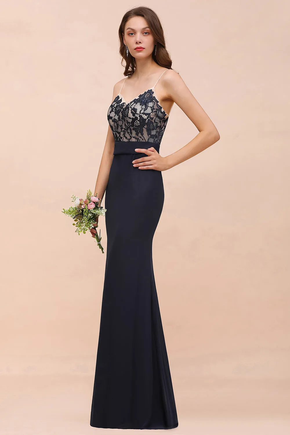 Chic Dark Navy Long Mermaid Spaghetti Straps Bridesmaid Dress with Lace