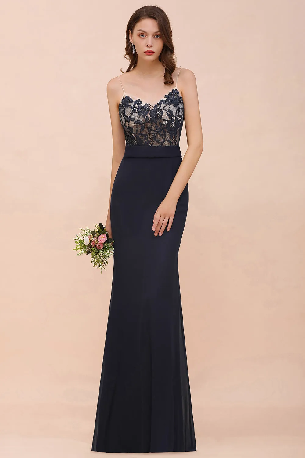 Chic Dark Navy Long Mermaid Spaghetti Straps Bridesmaid Dress with Lace